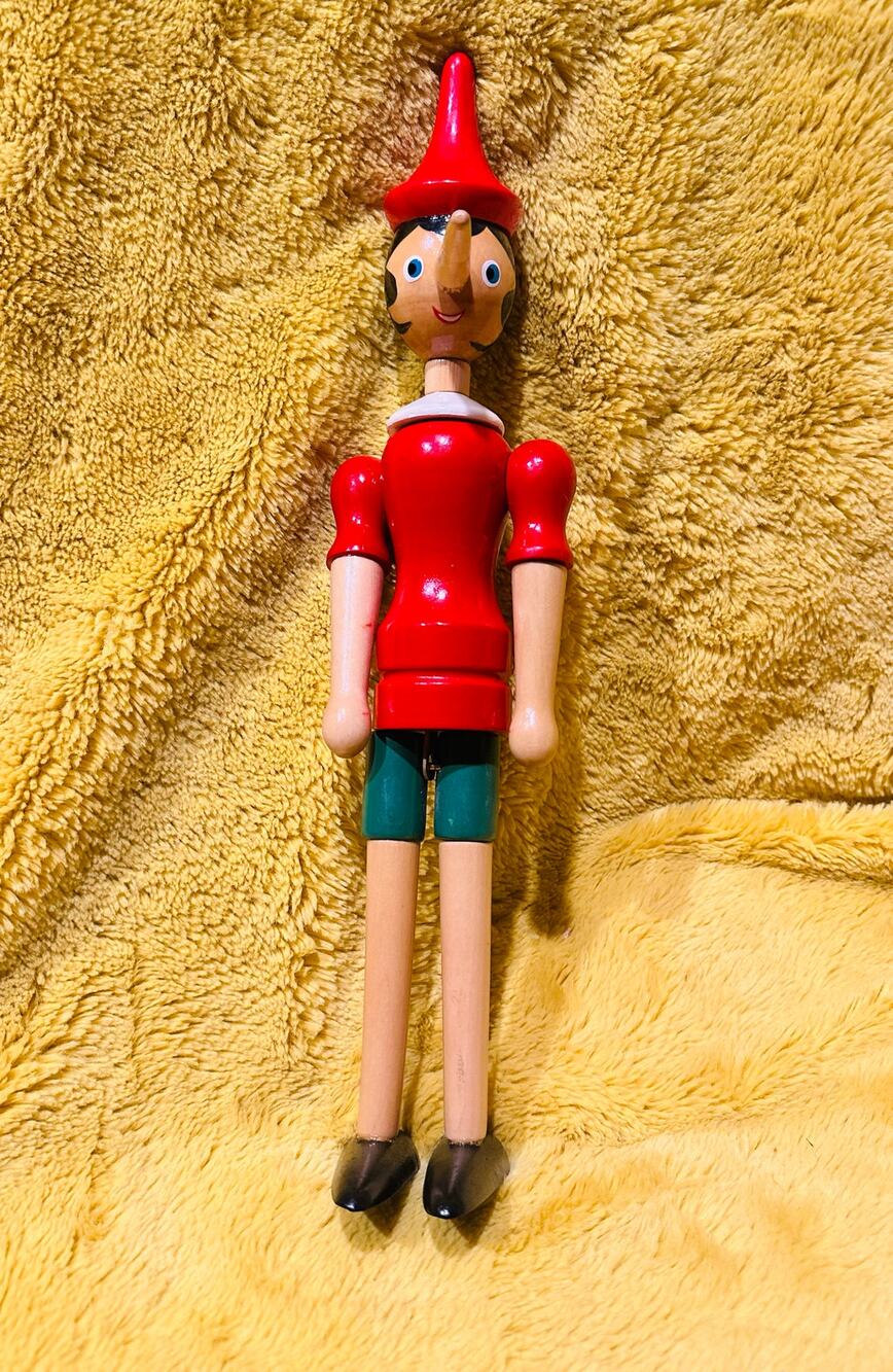 Vintage Wooden Pinocchio Jointed Moveable Doll Figurine 14" Red Black Painted